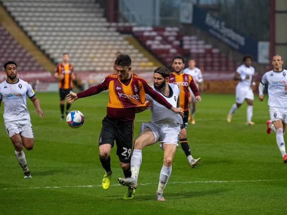 Bradford City striker Andy Cook, pictured in action against Salford City. Picture: Bruce Rollinson.