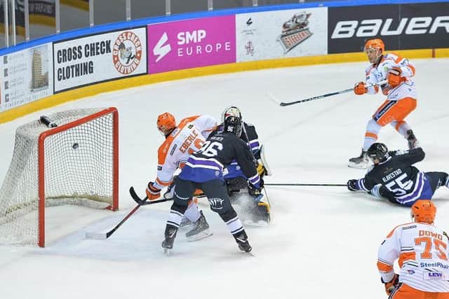 OPENING SALVO: Sam Jones, far right, equalises for the Steelers towards the end of the first period. Picture: Dean Woolley.