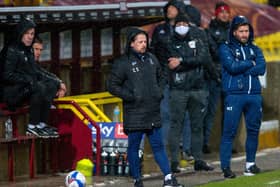 Bradford City managerial duo Mark Trueman (right) and Conor Sellars (left) pictured on the touchline during Tuesday's game with Salford City. Picture: Bruce Rollinson.