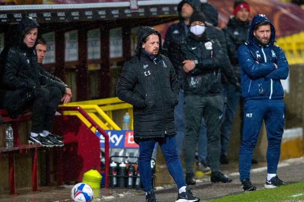 Bradford City managerial duo Mark Trueman (right) and Conor Sellars (left) pictured on the touchline during Tuesday's game with Salford City. Picture: Bruce Rollinson.