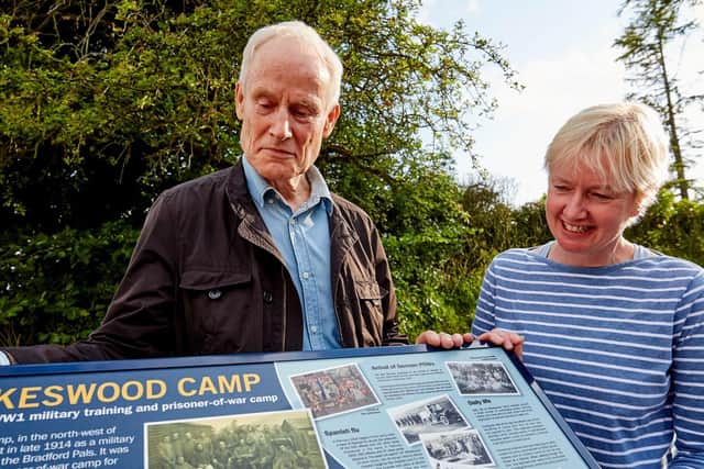 Pictured, Actor Wolf Kahler, (left), whose grandfather Fritz Sachsse was the senior German officer in the camp and who was the first-named author of Kriegsgefangen in Skipton pictured next to Anne Buckley from the University of Leeds. Photo credit: Simon Stevenson