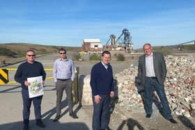 Alistair McLoughlin of Waystone and David Anderson of Hargreaves Land with Robert Jenrick MP and James Hart, Conservative Mayoral candidate, visiting the Unity site near Doncaster.