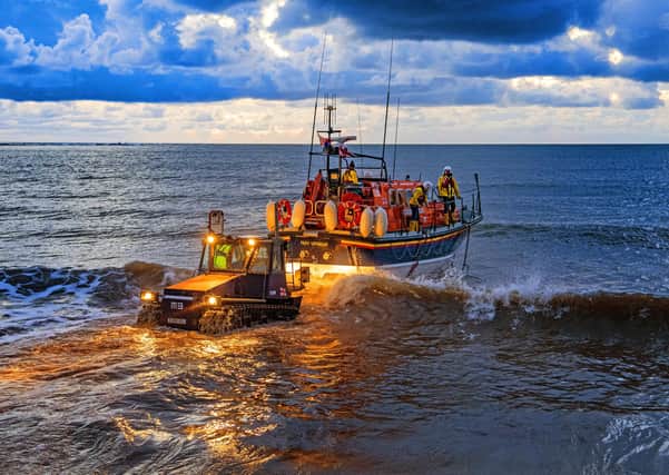 Filey's Mersey class all-weather lifeboat takes to the sea for the final time before being retired from service. Photo: Tony Johnson.