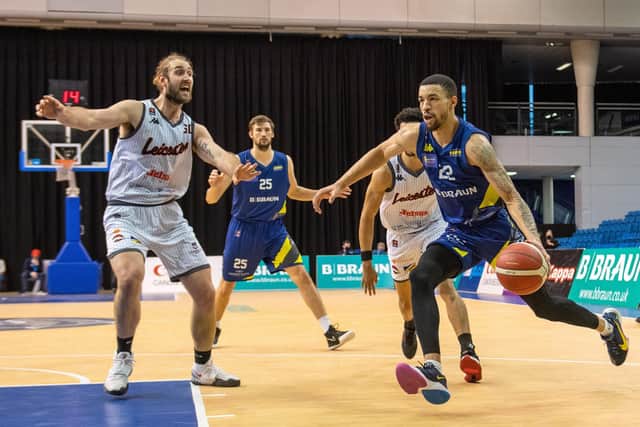 Antwon Lillard on the attack. for Sheffield Sharks against Leicester Riderin February 2021. (Picture: Bruce Rollinson)