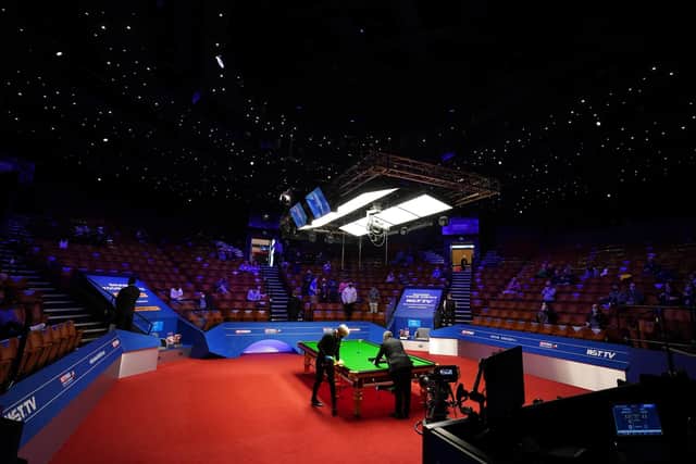 The one-table set-up at the Betfred World Championship at the Crucible. Pictures: PA.