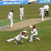 NARROW ESCAPE: A chance goes begging in the Northants slip cordon at Headingley on day one. Picture: Dave Williams.