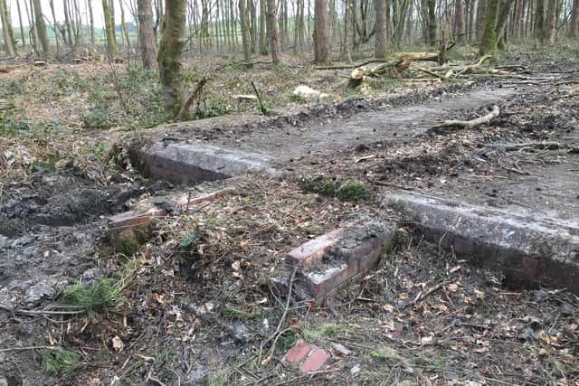 Damage to the concrete hut bases at Redmires POW camp (photo: Jess Ghost)