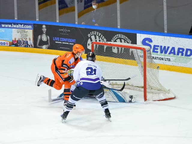 EASY DOES IT: Josh Waller shows neat skill to make it 5-1 to Sheffield Steelers, who went on to win 13-7 on aggregate. Picture: Dean Woolley.