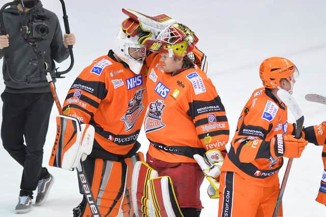 Sheffield Steelers' goaltenders John Muse, right and Ben Churchfield celebrate after beating Manchester comprehensively. Picture: Dean Woolley.