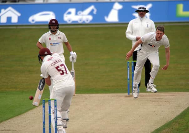 GOT HIM: Steve Patterson, right, entices the edge from Tom Curran to be caught by Harry Brook (not seen) at third slip. Picture: Dave Williams.