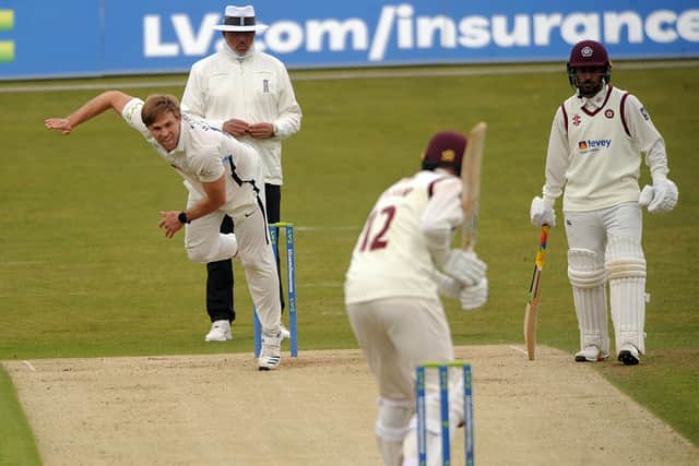 LONG DAY: Yorkshire's David Willey bowls to Northants' Tom Taylor. Picture: Dave Williams.