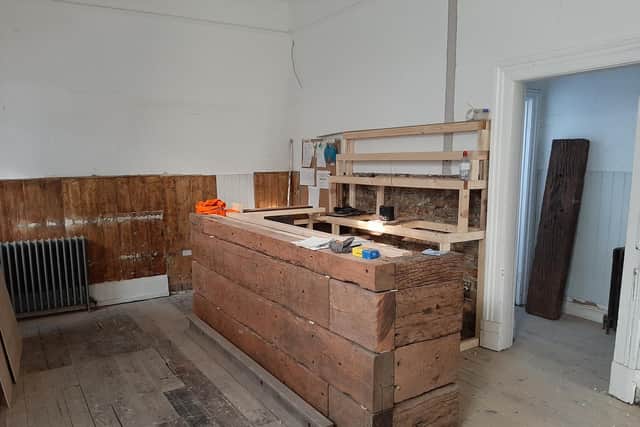 The bar at the new Gorilla Bros taproom at Knaresborough is made from old railway sleepers