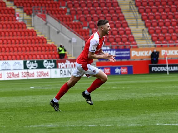Rotherham United loanee Lewis Wing races away in delight after his leveller against Blackburn. Picture: Simon Hulme.