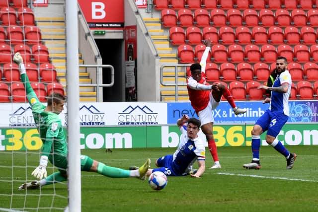 Close: Rotherham's Chiedozie Ogbene fires a shot wide. Picture:  Simon Hulme