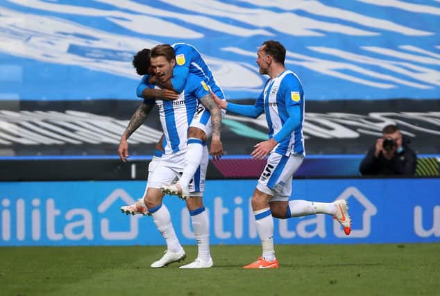 Get in!: Huddersfield Town's Danny Ward celebrates scoring the Terriers' equaliser against Coventry. Picture: Nigel French/PA Wire.