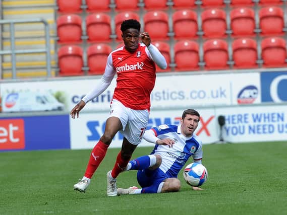 Rotherham United winger Chiedozie Ogbene gets away from Blackburn's Joe Rothwell at the AESSEAL New York Stadium. Picture: Simon Hulme.