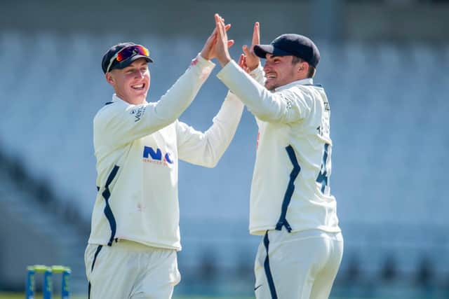 Yorkshire's Harry Brook & Jordan Thompson celebrate victory by one run over Northamptonshire. Picture by Allan McKenzie/SWpix.com