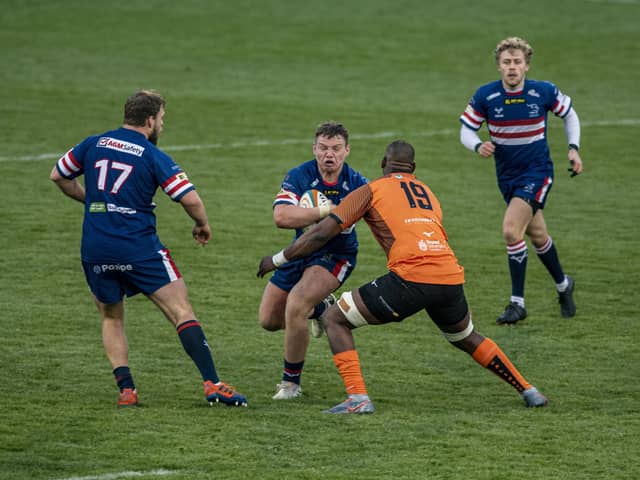 Scored: Doncaster Knights forward Will Holling, centre, went over against Bedford Blues. Picture Tony Johnson