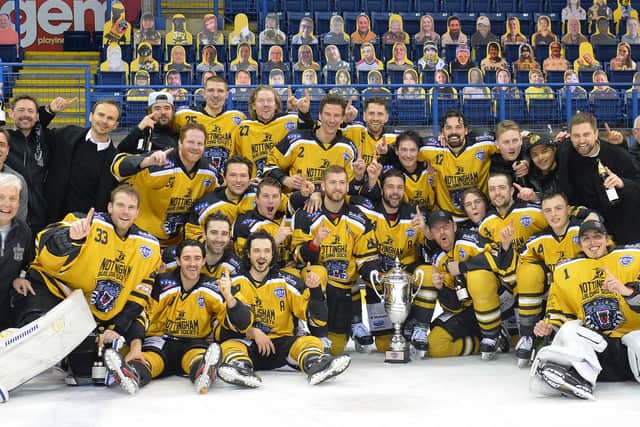 Nottingham Panthers celebrate winning the Elite Series. Picture: Dean Woolley.