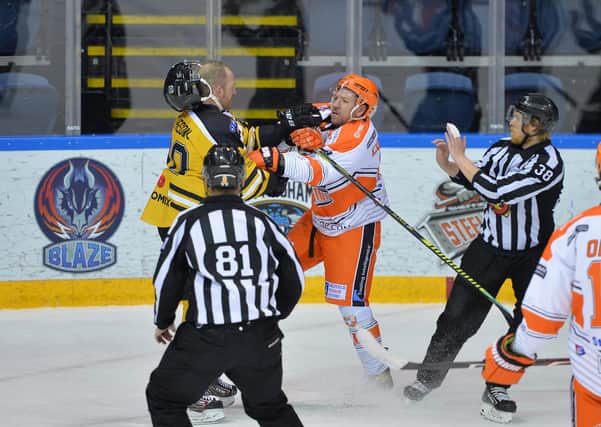TOUGH NIGHT: Brendan Connolly's frustration boils over as he grapples with Panthers' defenceman, Mark Matheson. Picture: Dean Woolley.