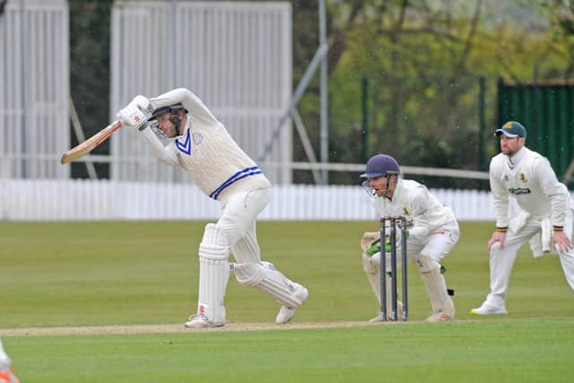 STROKE-MAKER: Farsley batsman Daniel Revis keeps the score ticking over in their bradford League Premier Division clash with New Farnley. Pictur: Steve Riding.