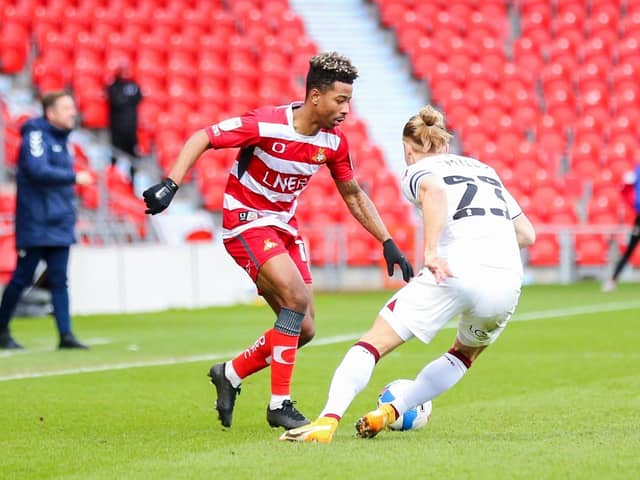 Out of contract:  Jason Lokilo has found form at the right time but with his contract due to expire after the two games this week, will he be back for Doncaster Rovers next season? (Picture: Isaac Parkin/PA)