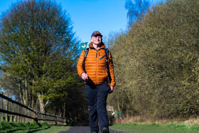 Jim Morton, 60, is on day 23 (Tuesday, May 4), of a walk that will take him through England, Scotland and Wales - with him visiting every lighthouse along the way. Picture taken of Mr Morton after setting off from his Penistone home on Monday April 12. Photo credit: James Hardisty/JPIMedia