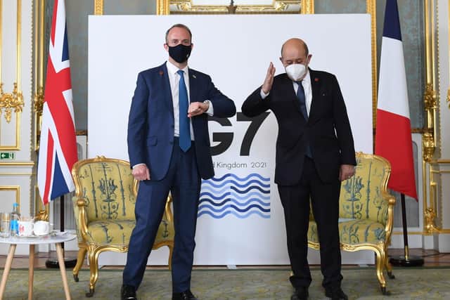 Foreign Secretary Dominic Raab (left) meets the French Minister of Europe and Foreign Affairs Jean-Yves Le Drian, for a bilateral meeting during the G7 Foreign and Development Ministers at Lancaster House, in central London.