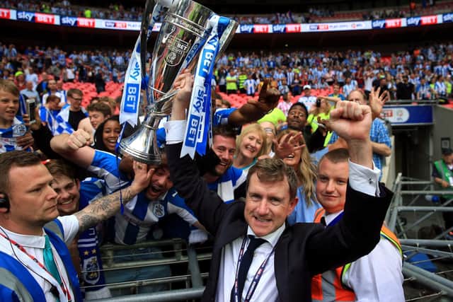 Huddersfield Town chairman Dean Hoyle with the trophy after his team won the the Sky Bet Championship play-off final at Wembley Stadium back in 2017 (Picture: PA)