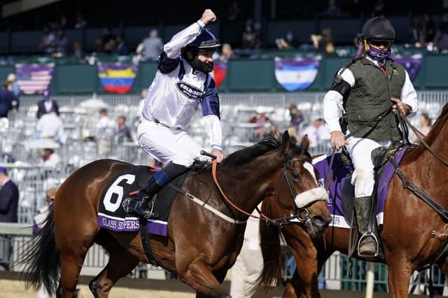 This was the Kevin Ryan-trained Glass Slippers winning the Breeders’ Cup Turf Sprint under Tom Eaves.