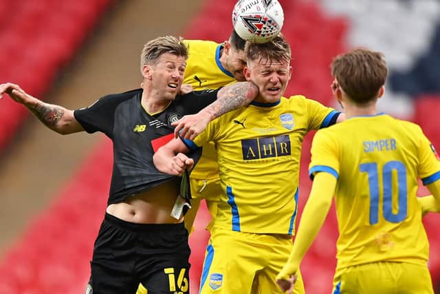 Jon Stead of Harrogate Town competes for a header with Joe Payne of Concord Rangers during the 2019/20 Buildbase FA Trophy Final between Concord Rangers and Harrogate Town at Wembley Stadium on May 03, 2021 (Picture: Justin Setterfield/Getty Images)