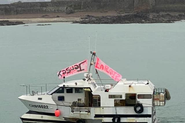Handout photo issued by of Josh Dearing of French fishing vessels staging a protest outside the harbour at St Helier, Jersey, Channel Islands, in a row over post-Brexit fishing rights.