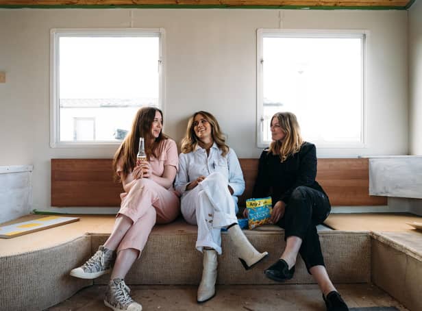 From left, Emma Jane Palin, Whinnie Williams and Anna Hart inside the caravan as the renovation gets underway. They are documenting their self-styled design ideas, inspirations and progress on Instagram.