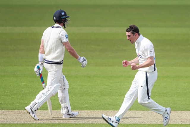 Got him:  Yorkshire’s Jordan Thompson celebrates taking the wicket of Kent’s Joe Denly. Picture by Alex Whitehead/SWpix.com