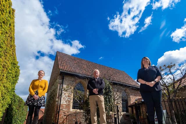 Bedern Hall, Bartle Garth, St Andrewgate, York, opens to the general public on Wednesday 19th May with a new heritage interpretation programme. Pictured (left to right) Ella Voce, Heritage Development Office for Bedern Hall, Roger Lee, Operations Director for Bedern Hall, and Elly Richmond, Bedern Hall Manager. Image: James Hardisty