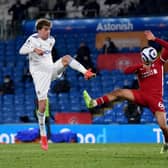 Leeds United's Patrick Bamford lobs the Liverpool goalkeeper but hits the bar. Picture: Simon Hulme
