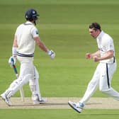 Rising star: Yorkshire’s Jordan Thompson celebrates taking the wicket of Kent’s Joe Denly. Picture: SWPix