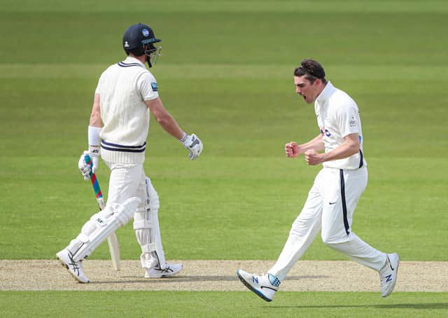 Rising star: Yorkshire’s Jordan Thompson celebrates taking the wicket of Kent’s Joe Denly. Picture: SWPix