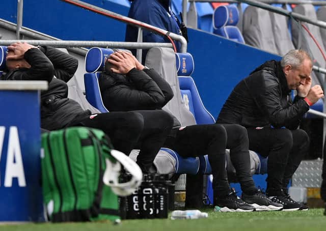 Oh no: Paul Warne reacts after Cardiff City score their equaliser. Picture: Getty Images