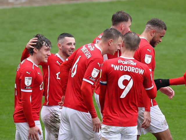 Barnsley players celebrate their second goal against Norwich City at Oakwell. Pictures: Getty Images