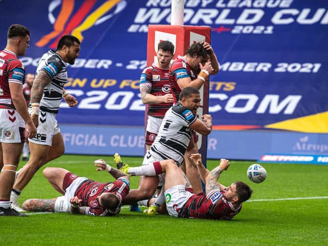 Hull FC's Chris Satae charges over for his first try (TONY JOHNSON)
