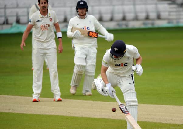 Gary Ballance fell four runs short of a first century since July 2019 after he was run out by a direct hit from Marcus O’Riordan as Dom Bess, centre, looks on. (Picture: Dave Williams)