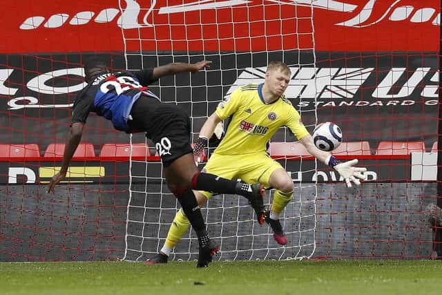 Sheffield United's Aaron Ramsdale saves from Christian Benteke of Crystal Palace. Pictures: Darren Staples / Sportimage