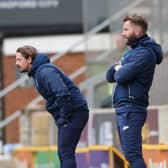 Conor Sellars, left, and fellow  joint manager of Bradford City Mark Trueman urge on their players against Oldham Athletic at Valley Parade in March. Picture: George Wood/Getty Images