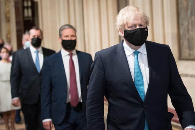 Social care, which Boris Johnson pledged to “fix once and for all” on the steps of Downing Street in 2019 was only given a brief mention in the speech, with little detail of promised reforms. Pictured: Boris Johnson leading MPs including Sir Keir Starmer into the House of Lords.