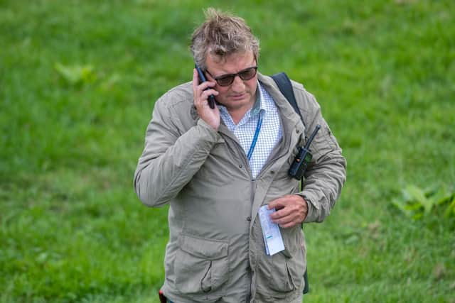 Mark Johnston on his glalops at Middleham - he saddles Gear Up in today's Dante Stakes at York.