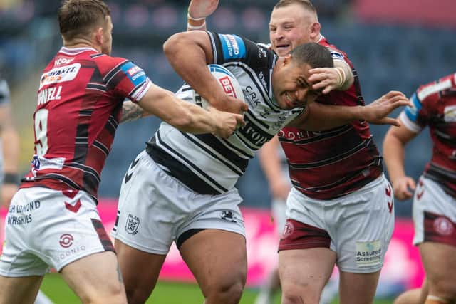 Hull FC's Chris Satae on the charge in their Challenge Cup quarter-final win over Wigan Warriors. (TONY JOHNSON)