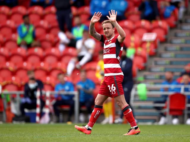 Doncaster Rovers' James Coppinger makes an emotional farewell, as he retires from playing. Picture: Tim Goode/PA