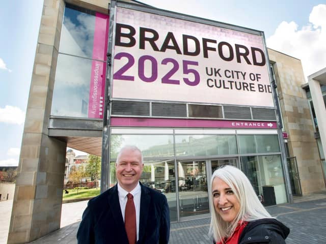 Support for Bradford 2025's City of Culture bid has been given a major boost with property investor Rushbond Plc coming on board as a founding partner.
The agreed partnership includes a prime real estate deal that sees the Bradford 2025 team moving into a sought-after city centre space adjoining City Park in Bradford. Seen here are Shanaz Gulzar, Chair of Bradford 2025, with Mark Finch, real estate director of Rushbond. Picure: Tim Smith.
