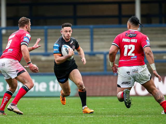 Castleford Tigers' Niall Evalds in action in the Challenge Cup quarter-final win over Salford Red Devils on Saturday. (ALEX WHITEHEAD/SWPIX)